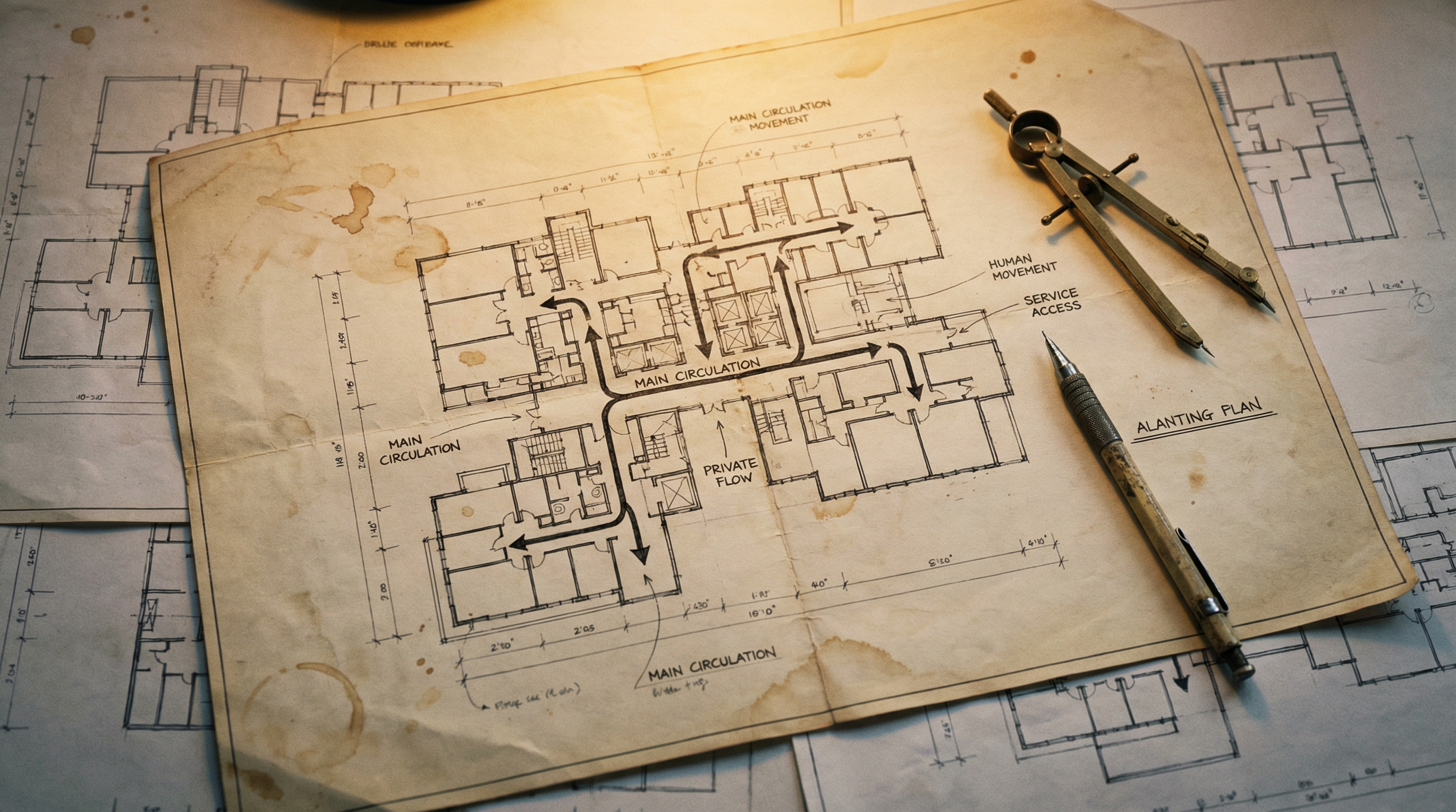 Hand-drawn architectural blueprints on aged paper, with arrows tracing circulation paths between rooms — the hidden topology that determines how a building actually works