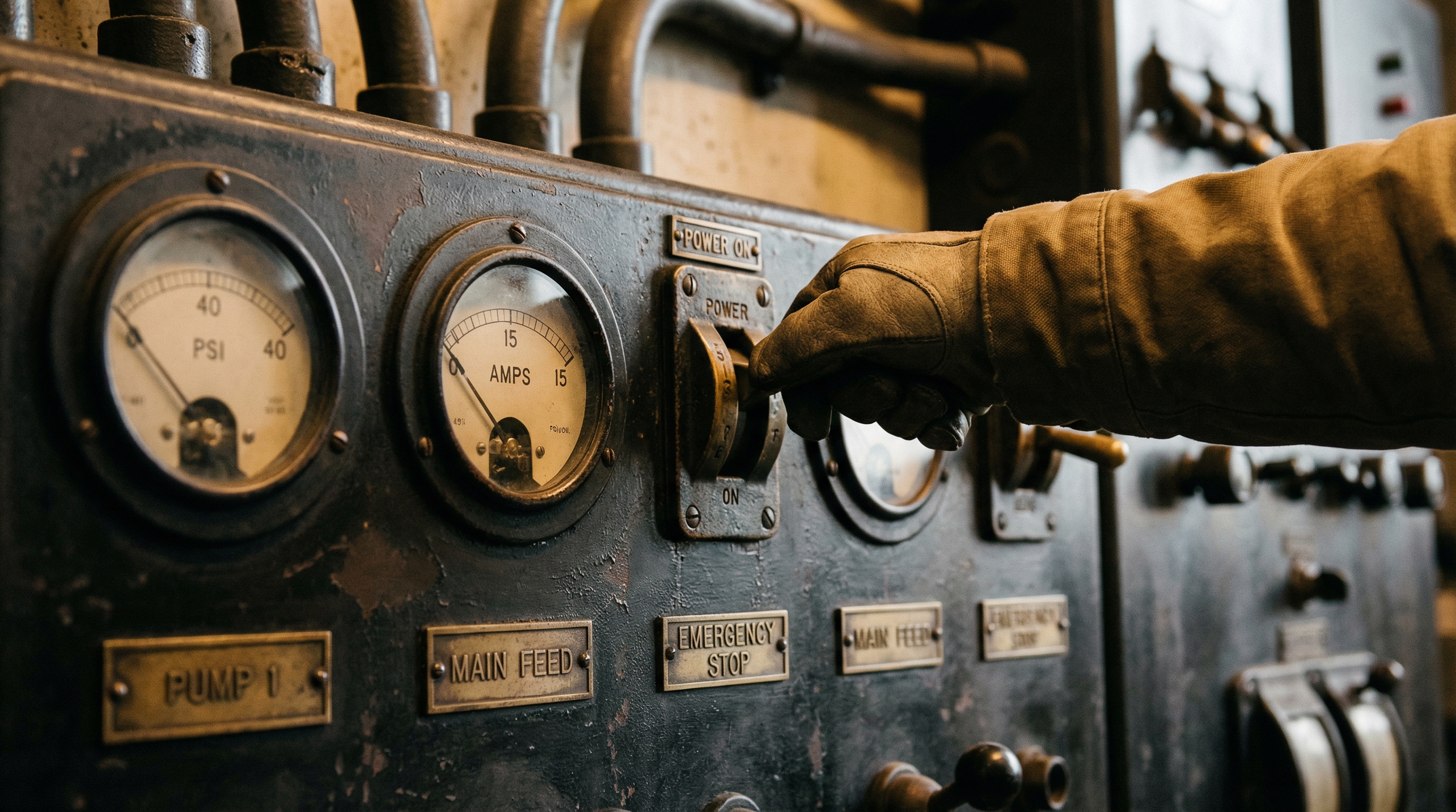 A hand turning a dial on a vintage industrial control panel — brass gauges, labeled switches, the physical unity of reading and response that modern dashboards have lost