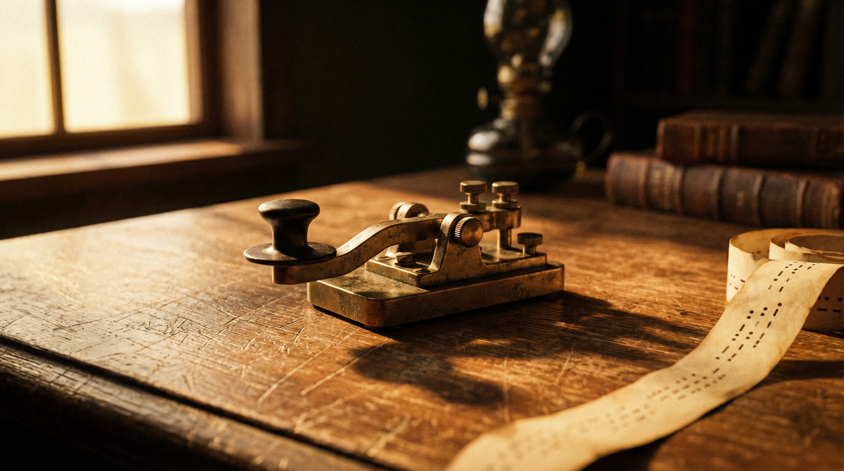 A brass telegraph key on a worn wooden desk, paper tape trailing off the edge with punched morse code — the instrument that first made it possible to transmit information faster than a human could act on it