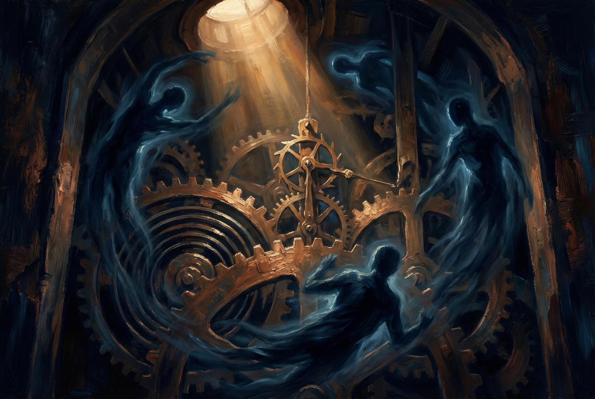 A clock mechanism from within — copper gears interlocked with translucent human silhouettes turning in synchrony, the invisible orchestrator