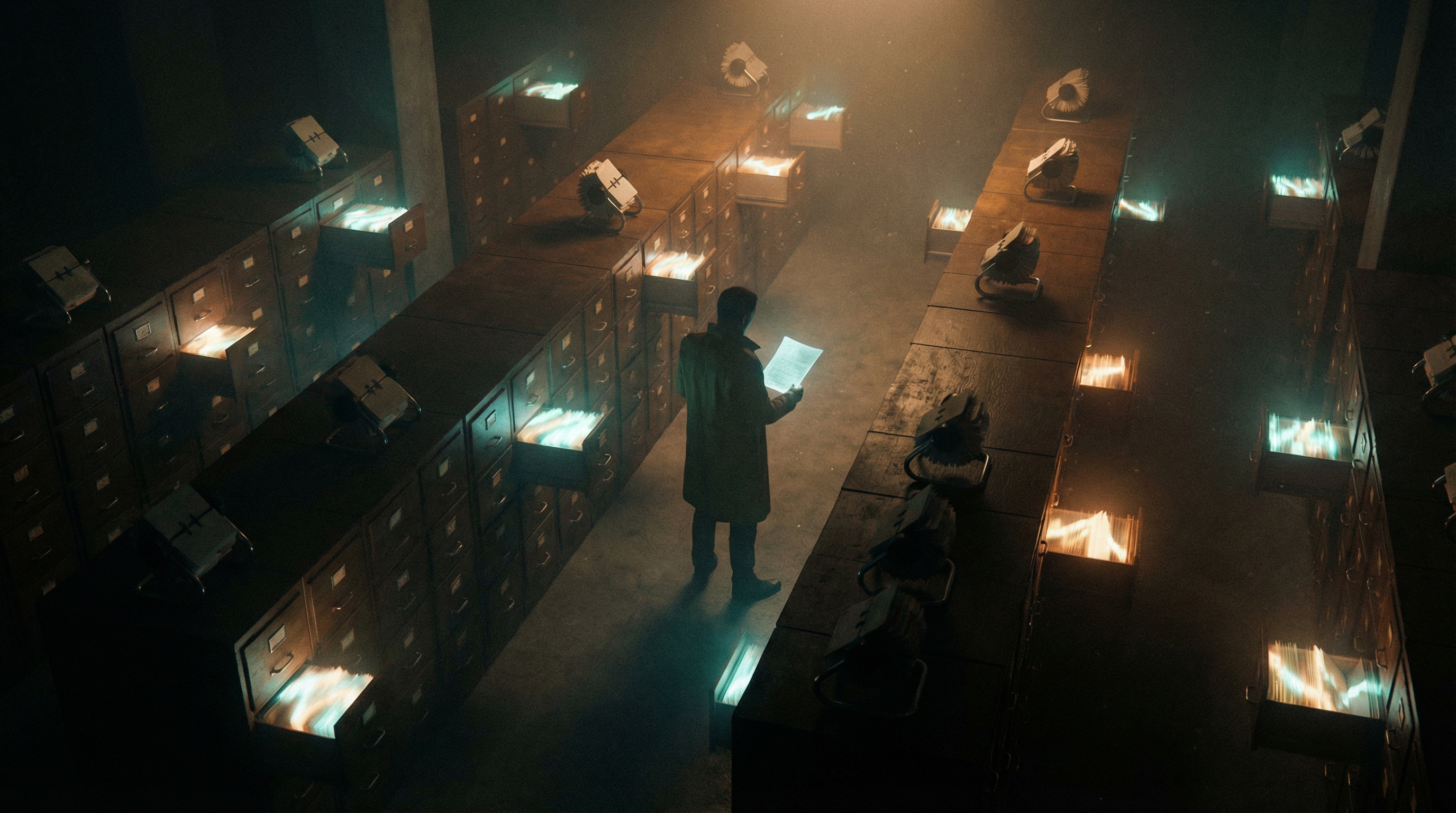 A solitary figure reads a glowing document in a vast room of luminous filing cabinets — the implicit program made visible