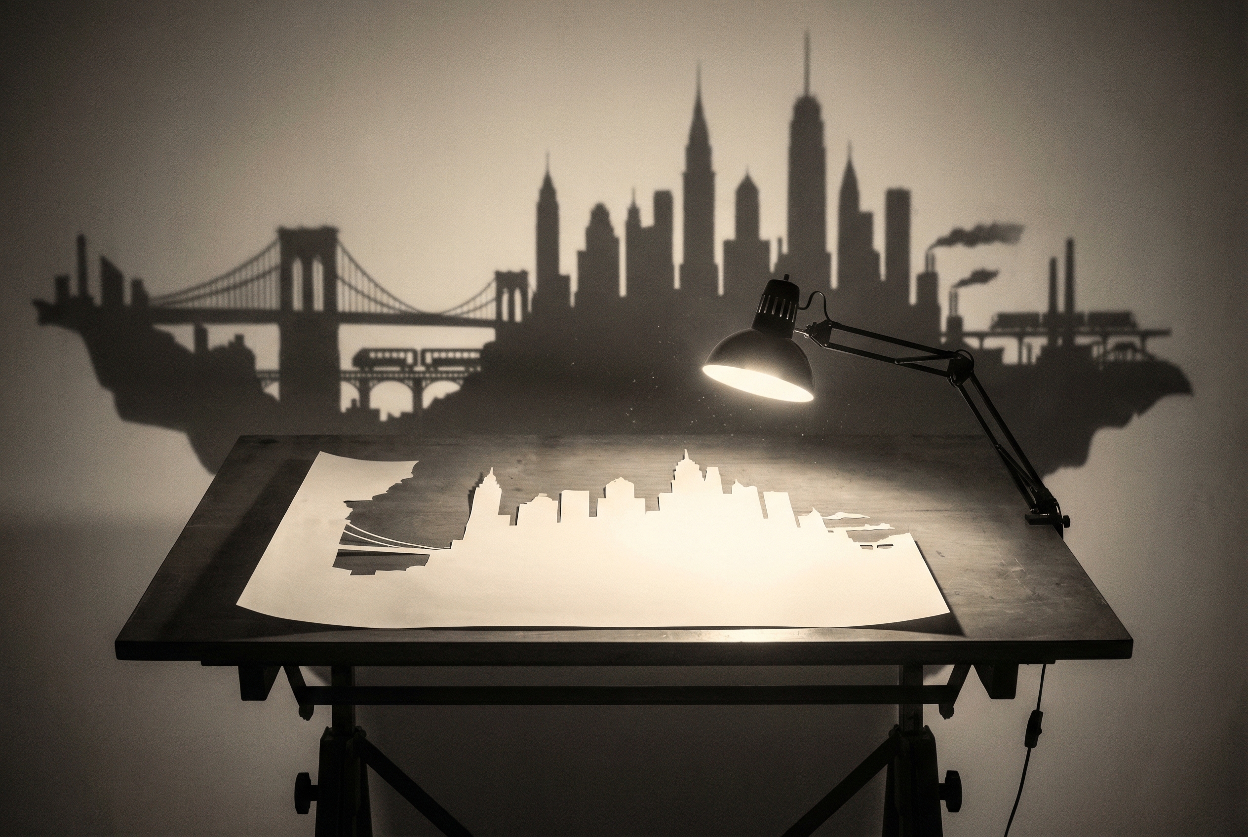 A single sheet of paper on a drafting table casts an impossibly detailed shadow — an entire city skyline emerging from the document