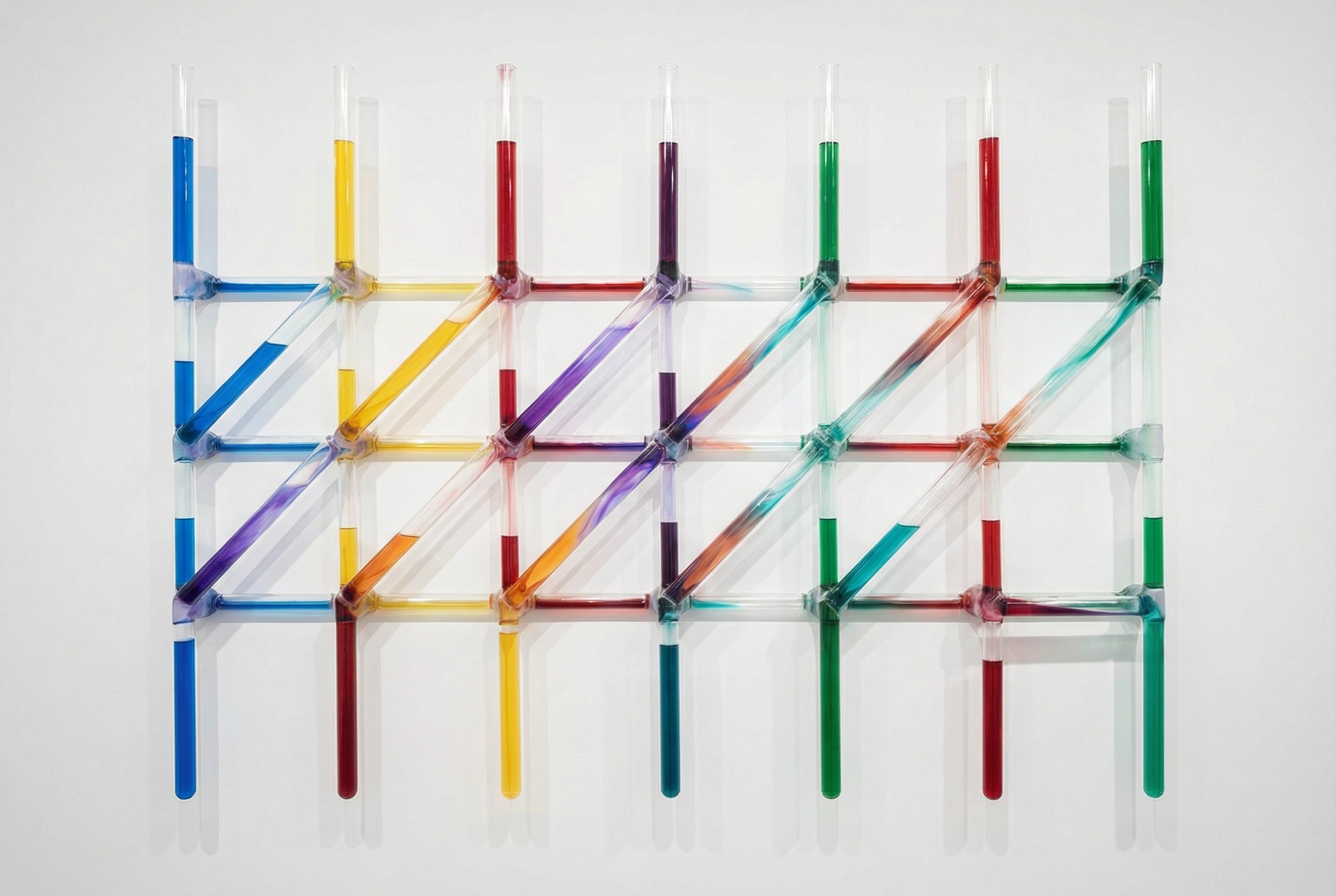 Glass columns filled with colored liquids caught mid-rotation from vertical to horizontal — specialties becoming loops, expertise mixing at the pivot points