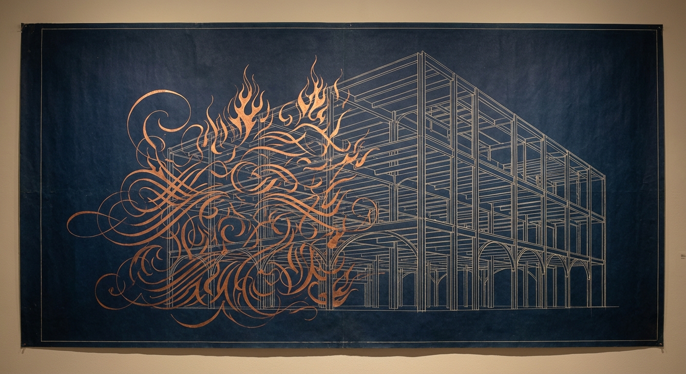 Architectural blueprint engulfed in regenerative flames — the phoenix metaphor for disposable code