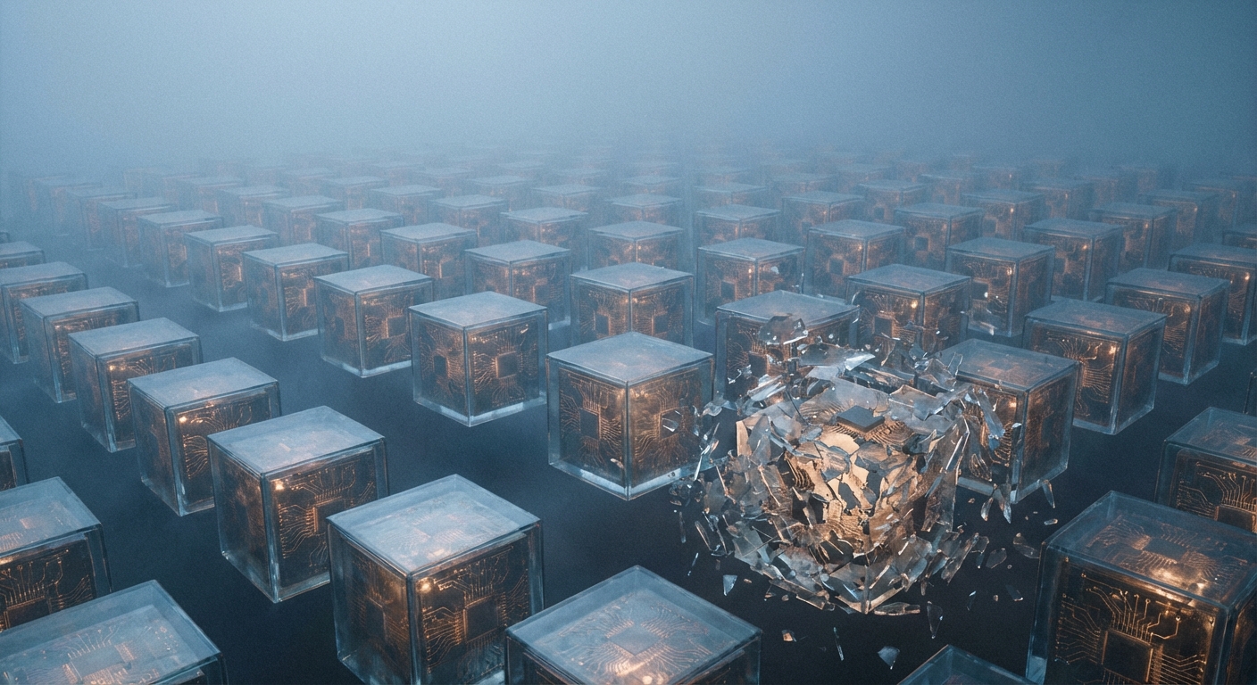 A grid of identical glass cubes — one shattered, the rest unaffected. Individual units are disposable; the grid persists