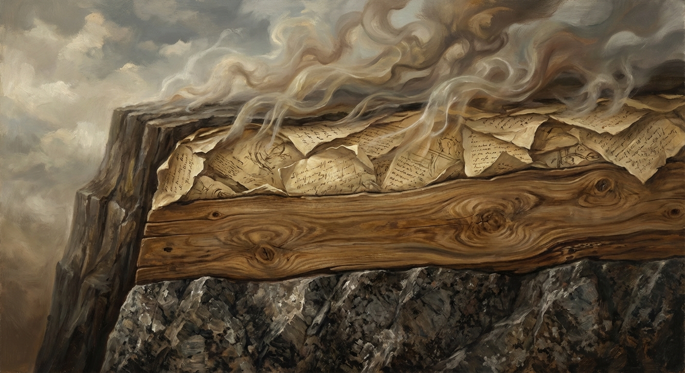 Earth strata as a metaphor for pace layers — granite at the bottom, smoke at the top, each changing at its own speed