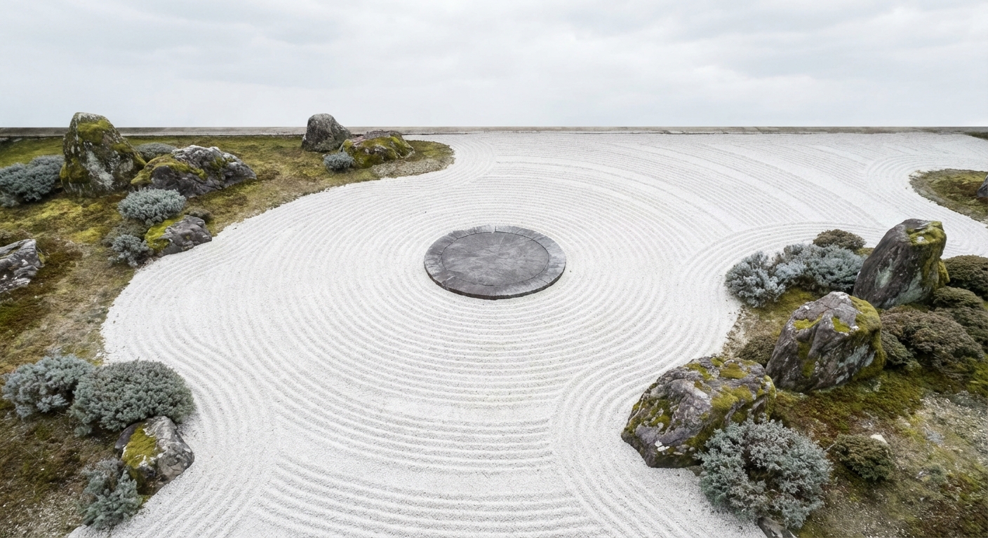 A zen garden where all paths lead gently to one point — the easy path principle made architectural
