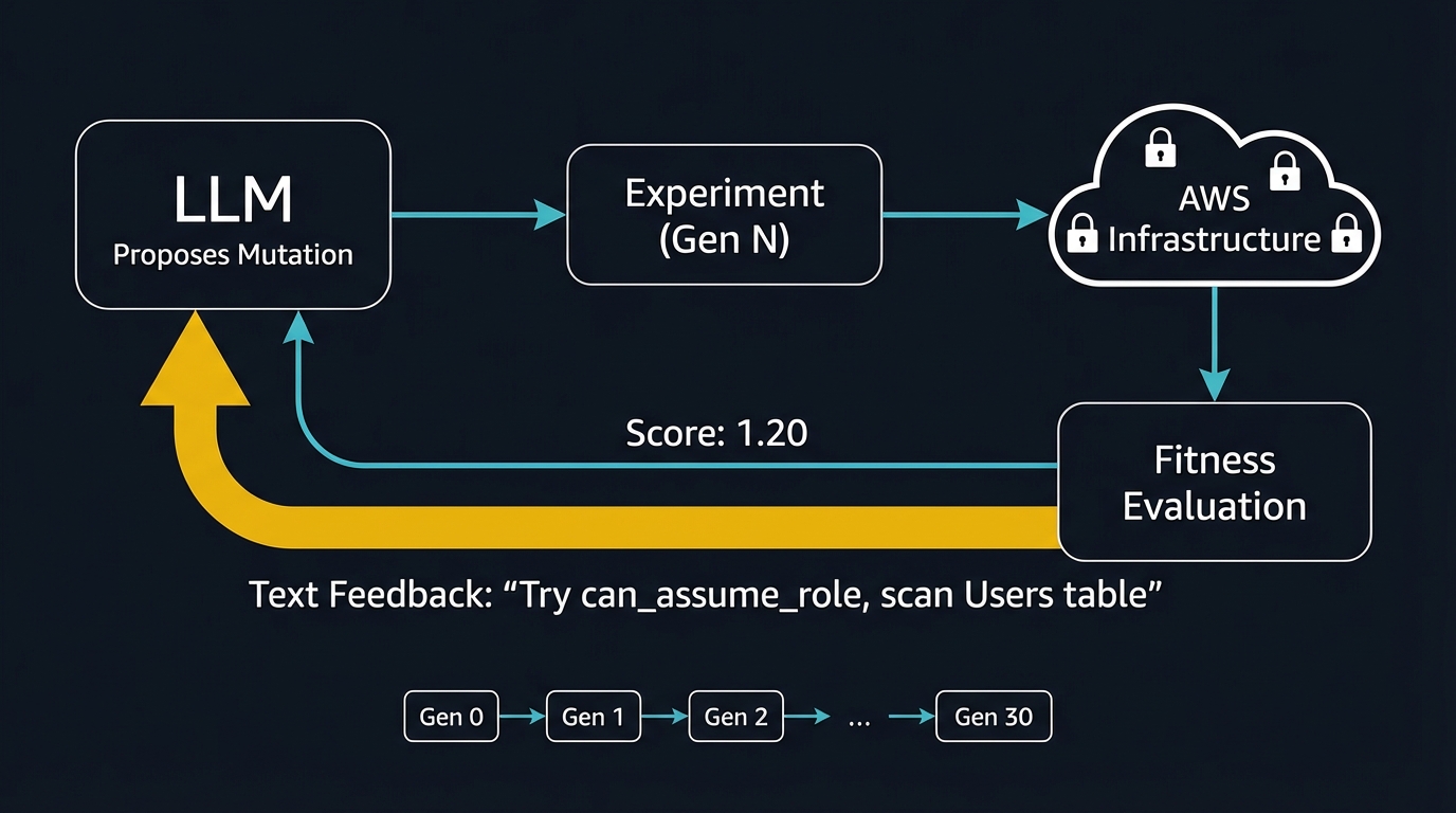 The evolutionary feedback loop: experiments run against infrastructure, produce scores and text feedback, LLM reads feedback and proposes mutations for the next generation
