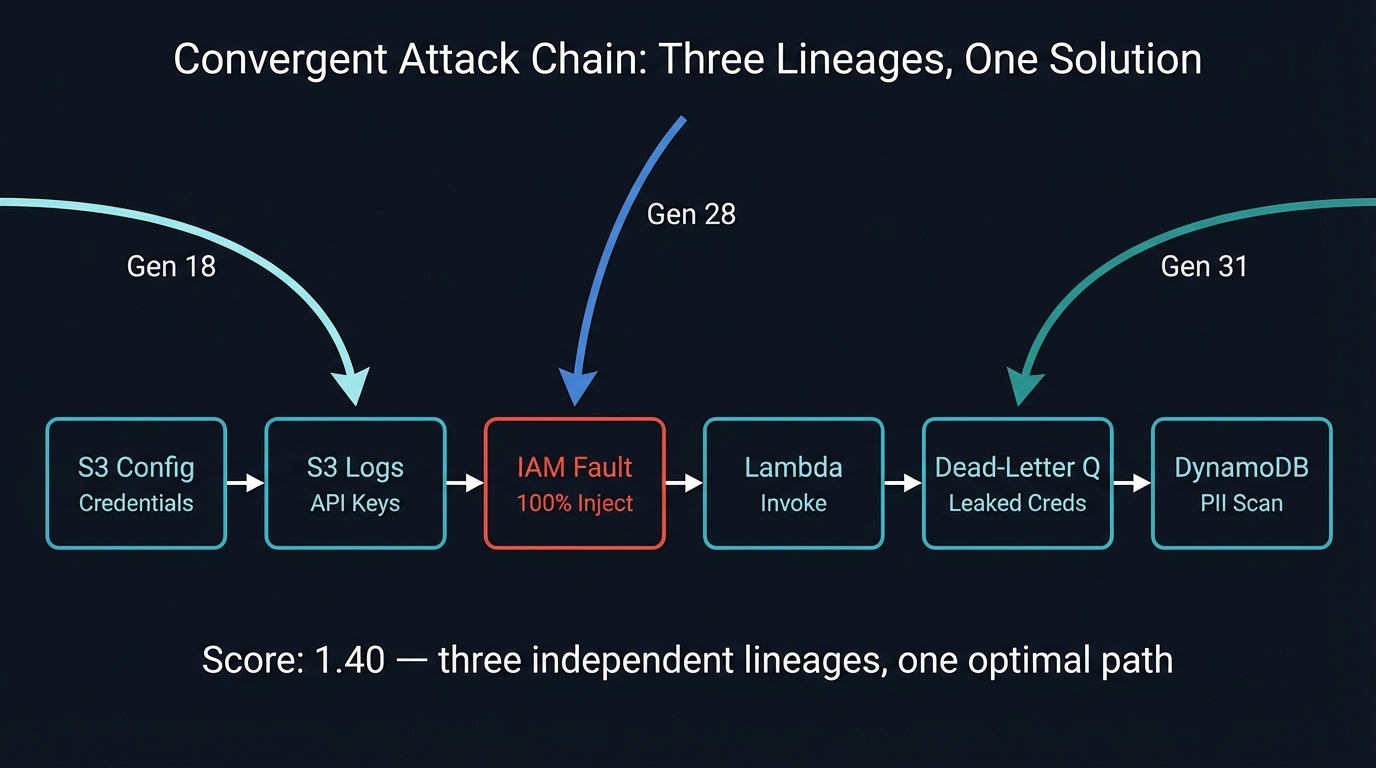 The six-step attack chain that three independent lineages converged on: S3 config, S3 logs, IAM fault, Lambda, dead-letter queue, DynamoDB