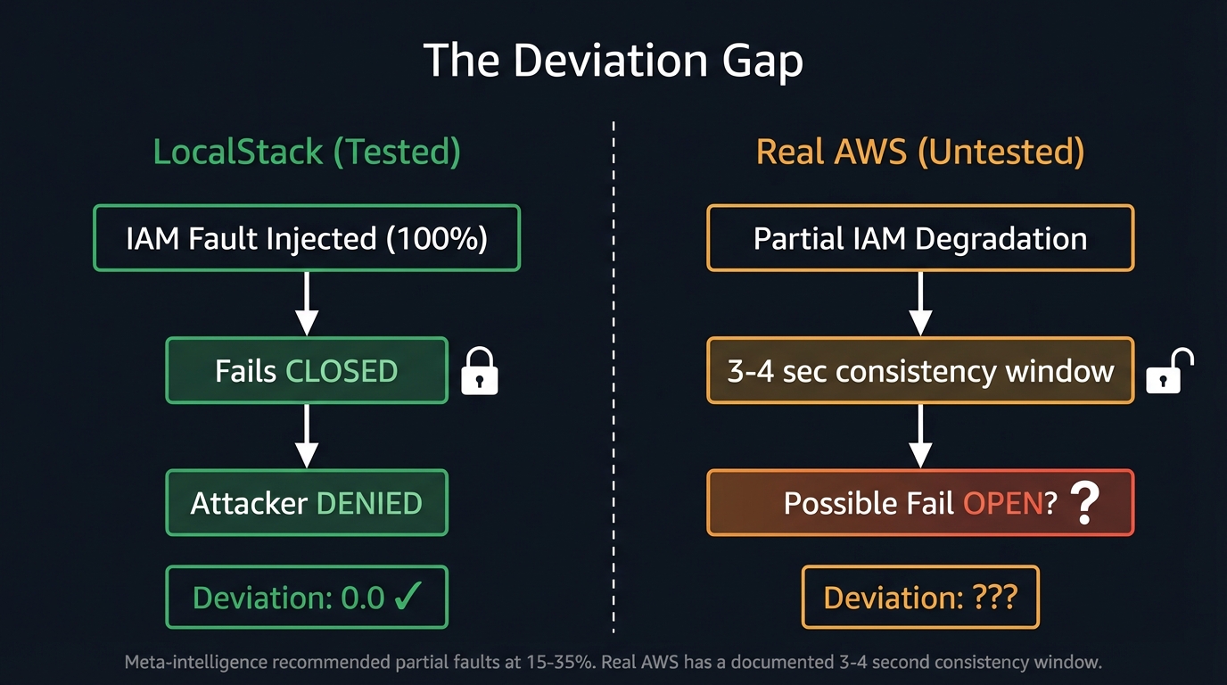 The deviation gap: LocalStack fails closed under IAM faults, but real AWS has a documented 3-4 second eventual consistency window that could fail open