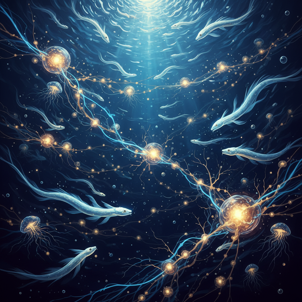 Bioluminescent creatures swim through a neural network ocean — Julia doesn't read logs, she swims through the model