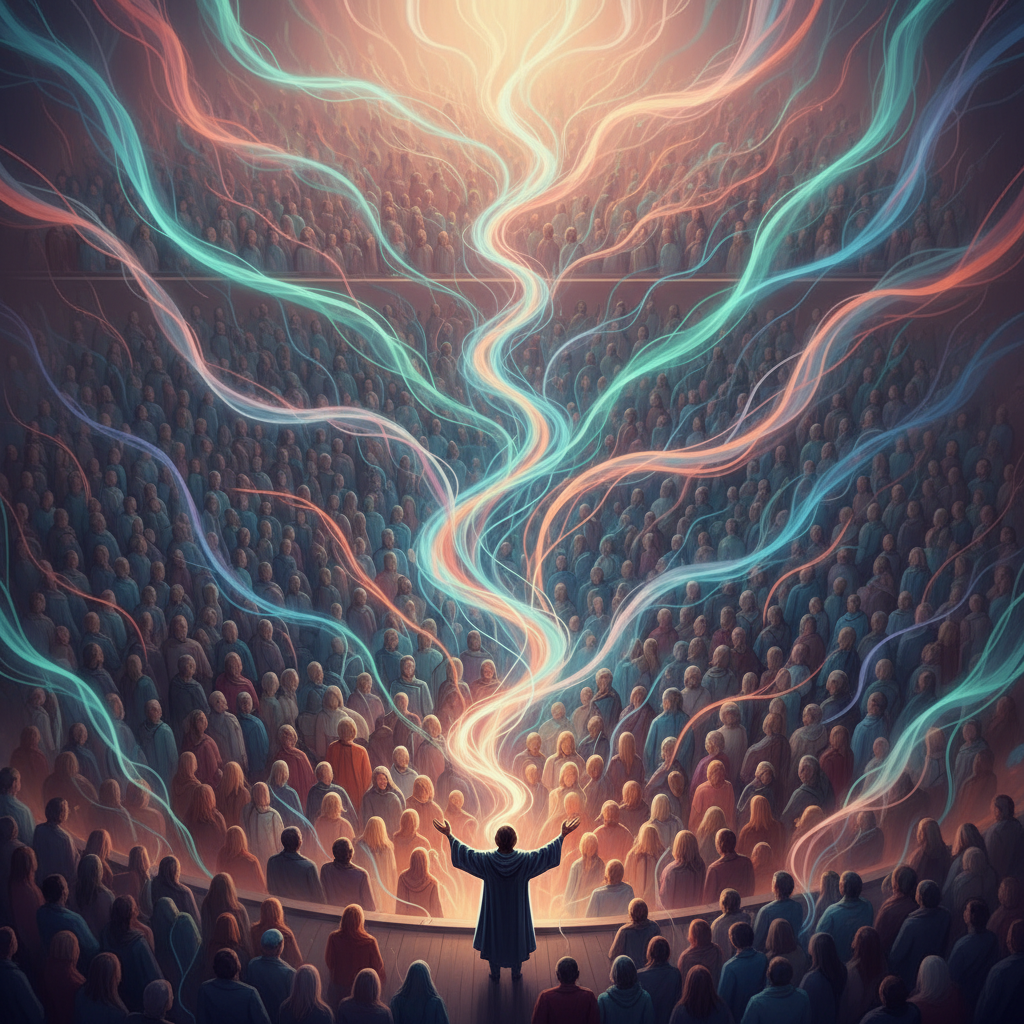 Connected minds in an auditorium, threads of light weaving together — the dream is the way life ought to be