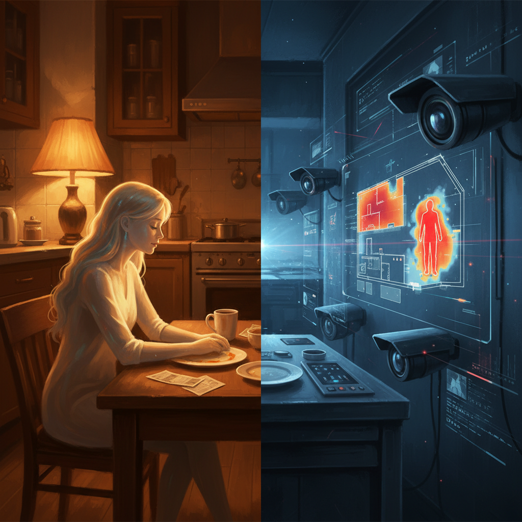 Split scene: warm domestic AI on the left, cold surveillance on the right — the agents we live with