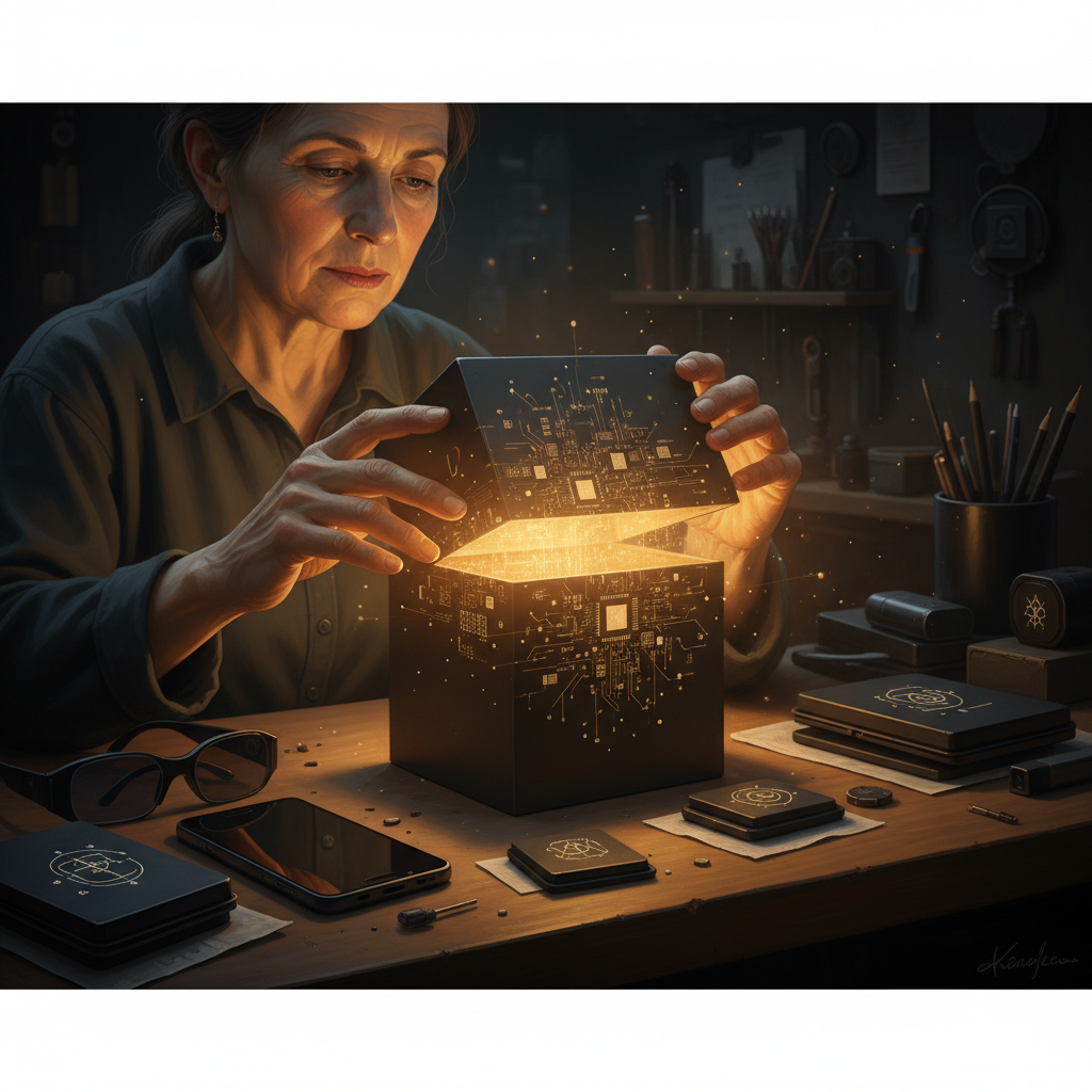 Light spilling from an opened dark box, revealing circuitry within — understanding the magic, not just shouting incantations
