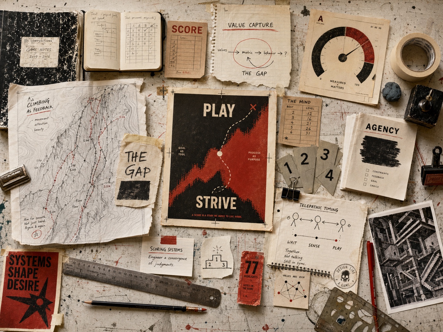 Overhead studio table filled with scorecards, climbing route notes, game diagrams, posters, gauges, and paper artifacts about scoring systems